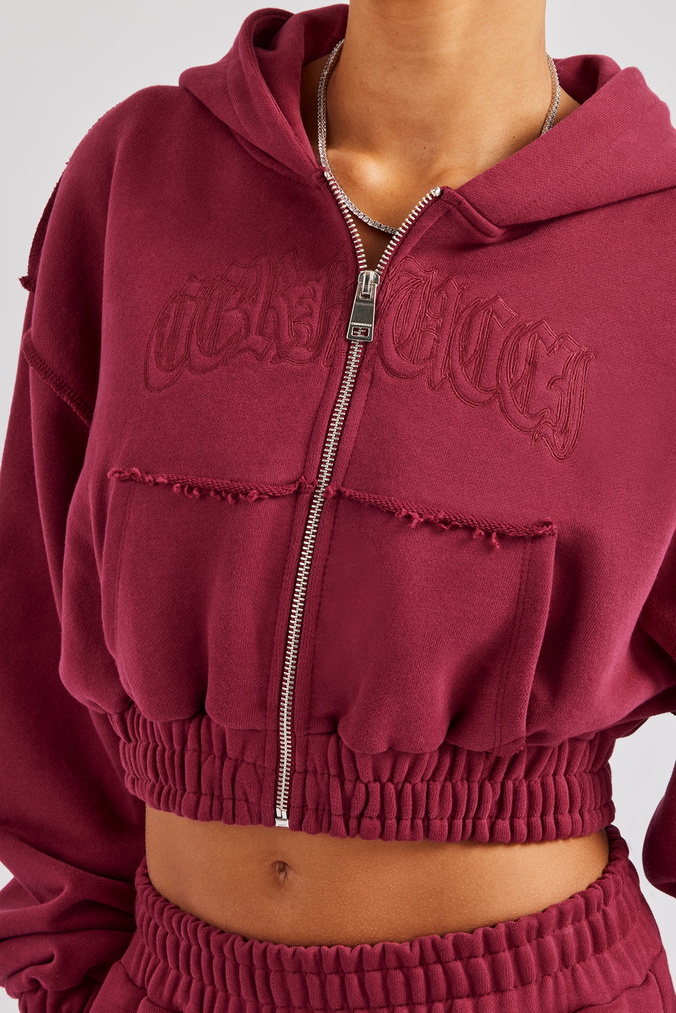 Cropped Exposed Seam Zip Through Hoodie - Cherry Red